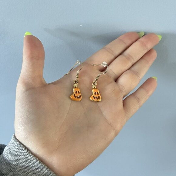 Halloween Earrings Enamel Pumpkin Jack O Lantern Orange Handmade Gold Plated - Picture 1 of 4